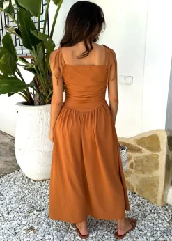 AX Paris Brown Drawstring Tie Straps Ruched Top Midi Dress