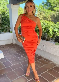 AX Paris Burnt Orange One Shoulder Ring Detail Ruched Bodycon Midi Dress