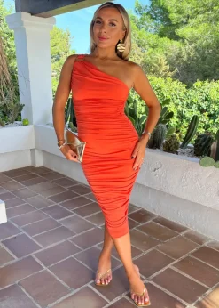 AX Paris Burnt Orange One Shoulder Ring Detail Ruched Bodycon Midi Dress