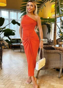 AX Paris Burnt Orange One Shoulder Knot Skirt Midi Dress