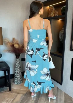 AX Paris Duck Egg Floral Print Racer Neck High Low Frill Hem Midi Dress