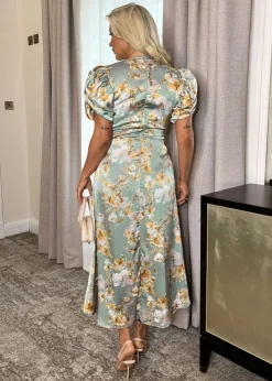 AX Paris Duck Egg Floral Print Puff Sleeve Gathered Side Midi Dress