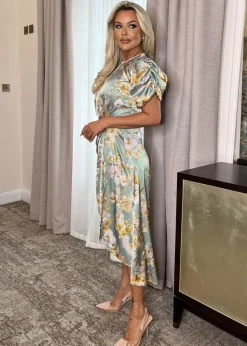 AX Paris Duck Egg Floral Print Puff Sleeve Gathered Side Midi Dress