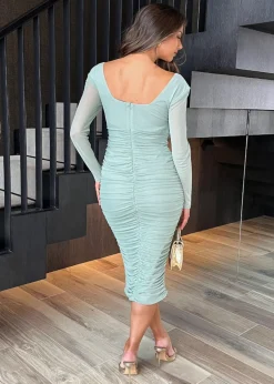 AX Paris Duck Egg Square Neck Long Sleeve Ruched Bodycon Mesh Midi Dress