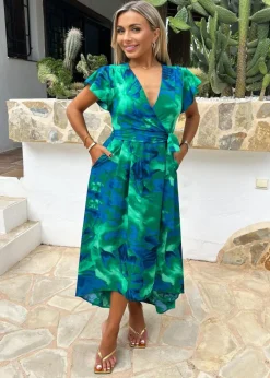 AX Paris Green Abstract Print Short Sleeve Belted Wrap Midi Dress