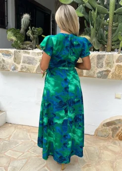 AX Paris Green Abstract Print Short Sleeve Belted Wrap Midi Dress
