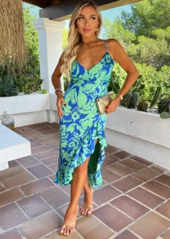 AX Paris Green Abstract Printed Strappy Wrap Frill Hem Midi Dress