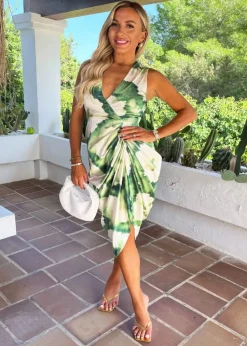AX Paris Green Marble Print Wrap Top Gathered Skirt Midi Dress