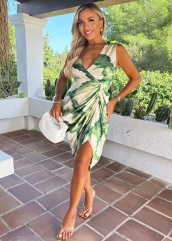 AX Paris Green Marble Print Wrap Top Gathered Skirt Midi Dress