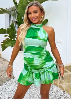 AX Paris Green Tie Dye Print Halter Neck Ruched Mini Dress