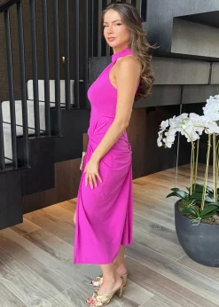 AX Paris Hot Pink Halter Neck Knot Skirt Midi Dress