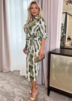AX Paris Khaki Brush Stroke Print 3/4 Sleeve Tie Waist Wrap Shirt Midi Dress