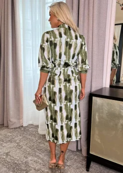 AX Paris Khaki Brush Stroke Print 3/4 Sleeve Tie Waist Wrap Shirt Midi Dress