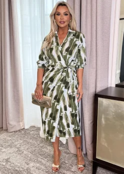 AX Paris Khaki Brush Stroke Print 3/4 Sleeve Tie Waist Wrap Shirt Midi Dress