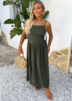 AX Paris Khaki Drawstring Tie Straps Ruched Top Midi Dress