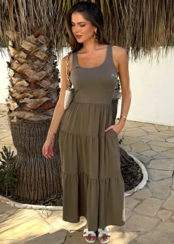 AX Paris Khaki Round Neck Ribbed Top Tiered Skirt Midi Dress