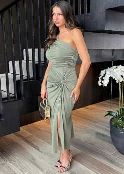 AX Paris Light Khaki One Shoulder Knot Skirt Midi Dress