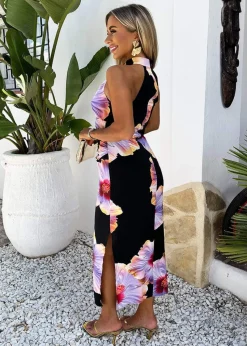 AX Paris Lilac Floral Print Halter Neck Draped Waist Midi Dress