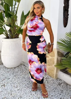 AX Paris Lilac Floral Print Halter Neck Draped Waist Midi Dress