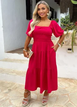 AX Paris Magenta Puff Sleeve Shirred Waist Smock Midi Dress