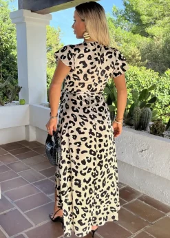AX Paris Multi Black & Cream Leopard Print Short Sleeve Belted Wrap Midi Dress
