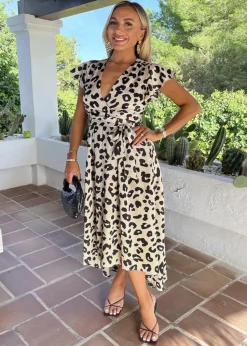 AX Paris Multi Black & Cream Leopard Print Short Sleeve Belted Wrap Midi Dress