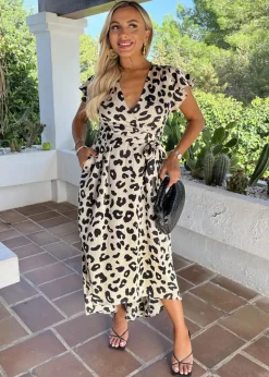 AX Paris Multi Black & Cream Leopard Print Short Sleeve Belted Wrap Midi Dress