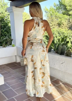 AX Paris Multi Blossom Print Halterneck Tie Waist Dipped Hem Midi Dress