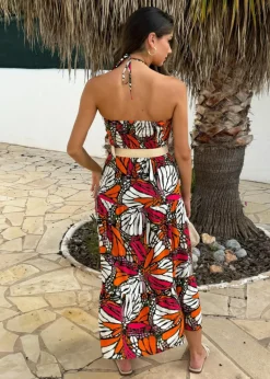 AX Paris Multi Butterfly Print Halterneck Straw Belt Tiered Midi Dress