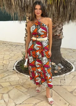 AX Paris Multi Butterfly Print Halterneck Straw Belt Tiered Midi Dress