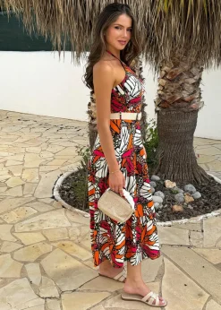 AX Paris Multi Butterfly Print Halterneck Straw Belt Tiered Midi Dress