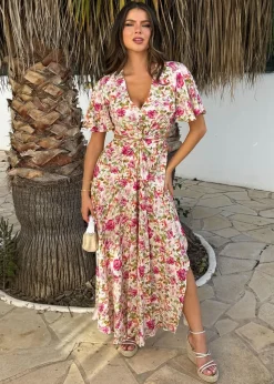 AX Paris Multi Garden Print V Neck Cut Out Knot Detail Midi Dress