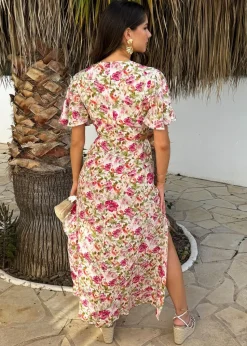 AX Paris Multi Garden Print V Neck Cut Out Knot Detail Midi Dress