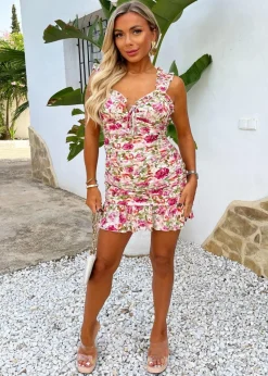 AX Paris Multi Garden Print Ruffled Strap Ruched Mini Dress