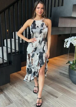 AX Paris Multi Marble Print Strappy High Low Frill Hem Midi Dress
