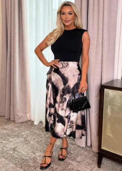 AX Paris Multi Marble Print 2 In 1 Double Frill Split Midi Dress