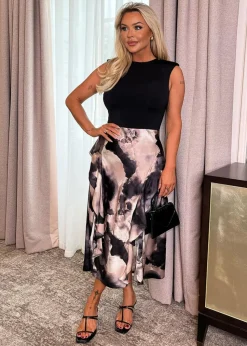 AX Paris Multi Marble Print 2 In 1 Double Frill Split Midi Dress