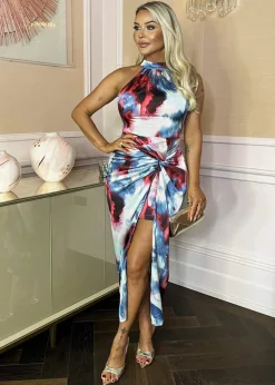 AX Paris Multi Smudge Print  Halter Neck Knot Skirt Midi Dress