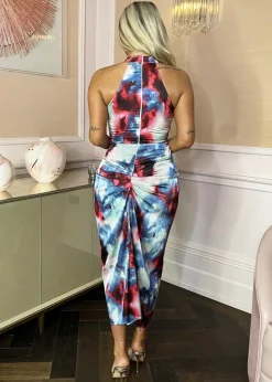 AX Paris Multi Smudge Print  Halter Neck Knot Skirt Midi Dress