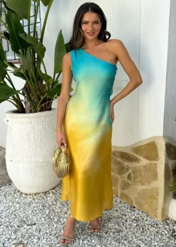 AX Paris Multi Sunset Ombre One Shoulder Open Back Twist Detail Midi Dress