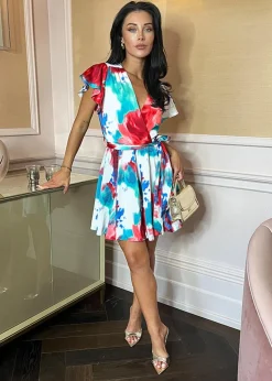 AX Paris Multi Tie Dye Printed Wrap Top Tie Waist Skater Mini Dress