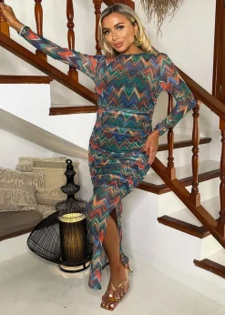 AX Paris Multi Zig Zag Printed Mesh Overlay Long Sleeve Bodycon Midi Dress