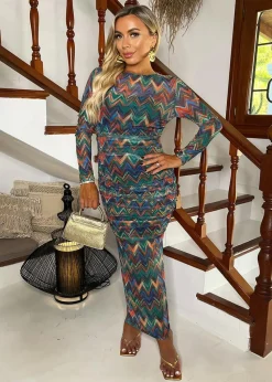 AX Paris Multi Zig Zag Printed Mesh Overlay Long Sleeve Bodycon Midi Dress