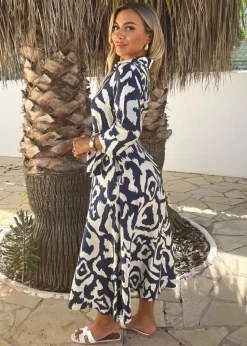 AX Paris Navy & Cream Abstract Print 3/4 Sleeve Tie Waist Shirt Midi Dress