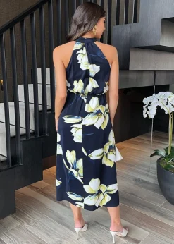 AX Paris Navy Floral Print Halter Neck Dipped Hem Midi Dress