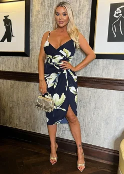 AX Paris Navy Floral Print Strappy Wrap Top Gathered Skirt Midi Dress