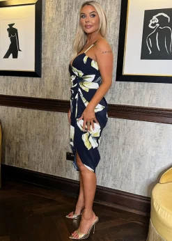 AX Paris Navy Floral Print Strappy Wrap Top Gathered Skirt Midi Dress