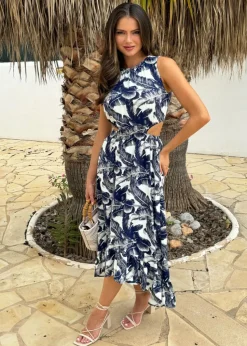 AX Paris Navy Leaf Print Waist Cut Out Frill Hem Midi Dress