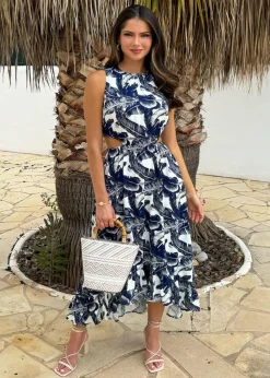 AX Paris Navy Leaf Print Waist Cut Out Frill Hem Midi Dress