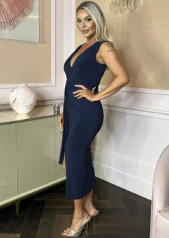 AX Paris Navy Wrap Top Knot Front Split Skirt Midi Dress